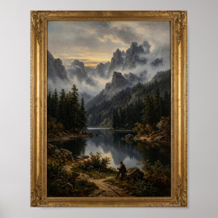 Düsterer Nebelberg Alpensee Kiefern I Poster