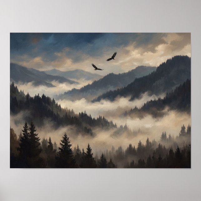 Düsterer nebliger Kiefernwald-Ölgemälde Poster (Vorne)