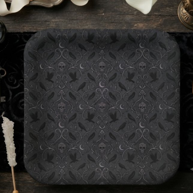 Düsterer Onyx-Barock-Gotik-Abendgesellschaft Pappteller (Onyx baroque paper plate for dark academia fans and Halloween parties.)