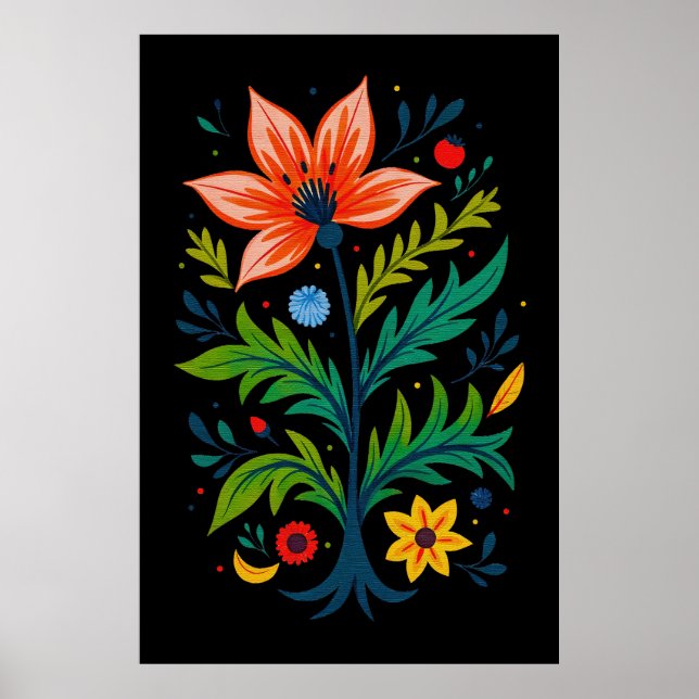 Düsterer Schwarzer Boho-Blumenbaum-Folkart Poster (Vorne)