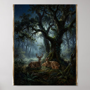 Düsterer Waldhirsch Mondlichtwald I Poster