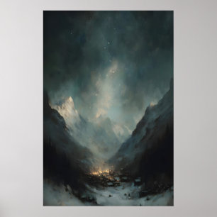 Düsteres Alpen Tal, gotische Winterlandschaftskuns Poster