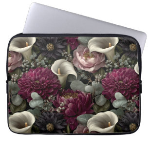 Düsteres Blumenmuster mit Dahlien und Calla-Lilien Laptopschutzhülle