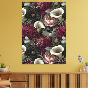 Düsteres Blumenmuster mit Dahlien und Calla-Lilien Leinwanddruck