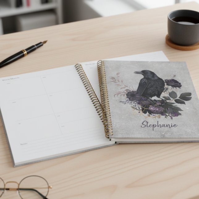 Düsteres Dark Academia Raben-Gotik Planer (Floral black raven daily planner)