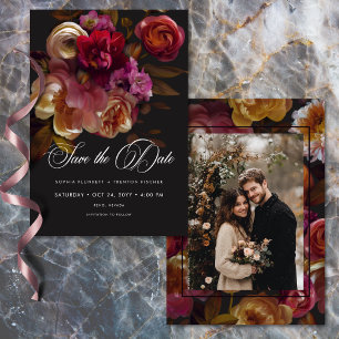 Düsteres schwarzes Blumenmalerei rotes Burgunder-F Save The Date