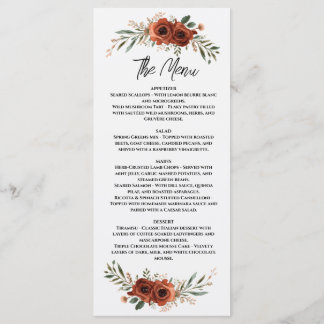 Düsteres Terrakotta-Blumen-Boho-Hochzeit Menükarte