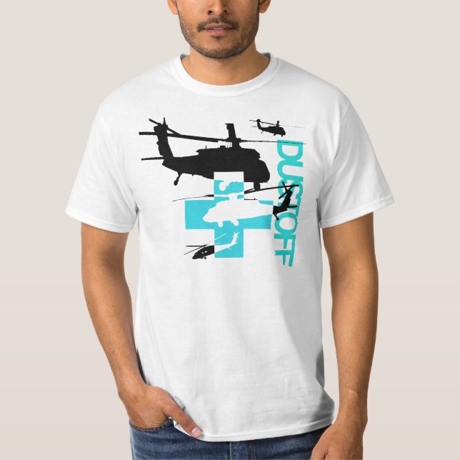 Dustoff schwarz und Blau auf weißem T - Shirt (Vorderseite)