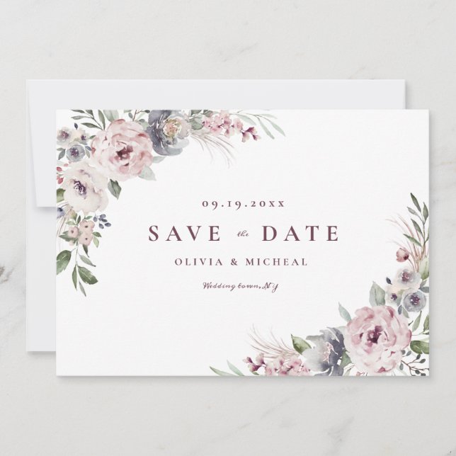 Dustrosa rustikale boho blumenartig Save the Date (Vorderseite)