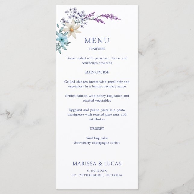 Dusty Aquamarin Blue Lavender Wildblumen Wedding M Menükarte (Vorderseite)