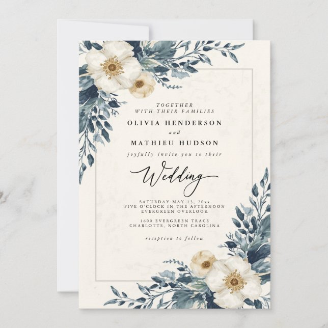 Dusty Aquamarin Botanical Whimsy Wedding Einladung (Vorderseite)