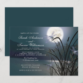 Dusty Aquamarin Wedding Full Moon Dragonfly Pond Einladung