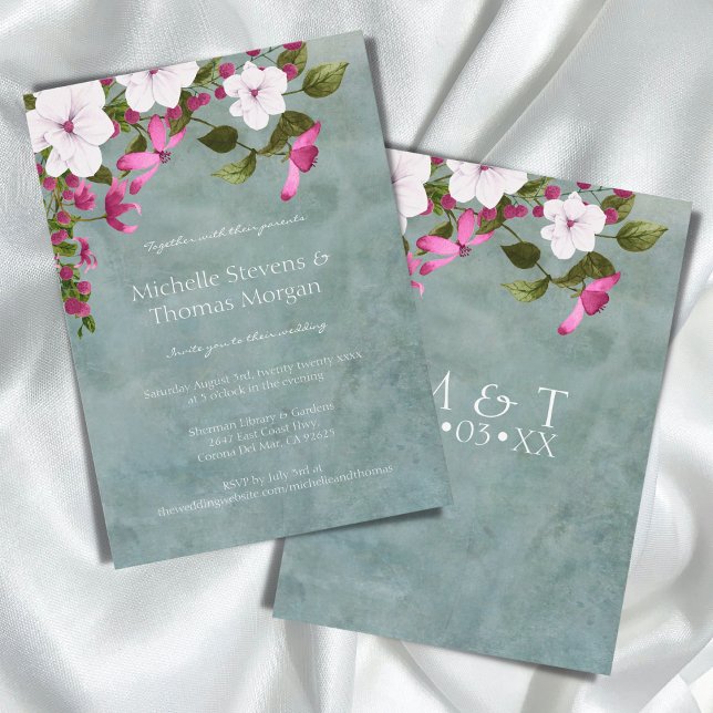 Dusty Aquamarin White Magenta Green Floral Einladung (Von Creator hochgeladen)