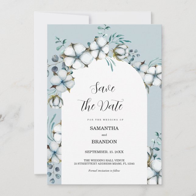 Dusty Blau, Baumwolle, Blume Save the Date Einladung (Vorderseite)