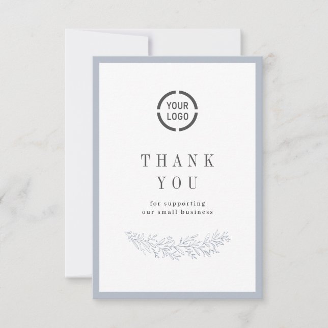 Dusty blau elegant botanisch mit Logo-Business Dankeskarte (Vorderseite)