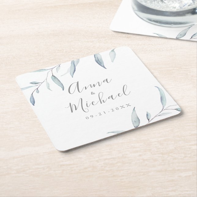 Dusty blau minimalgrüne botanische Hochzeit Rechteckiger Pappuntersetzer (angewinkelt)