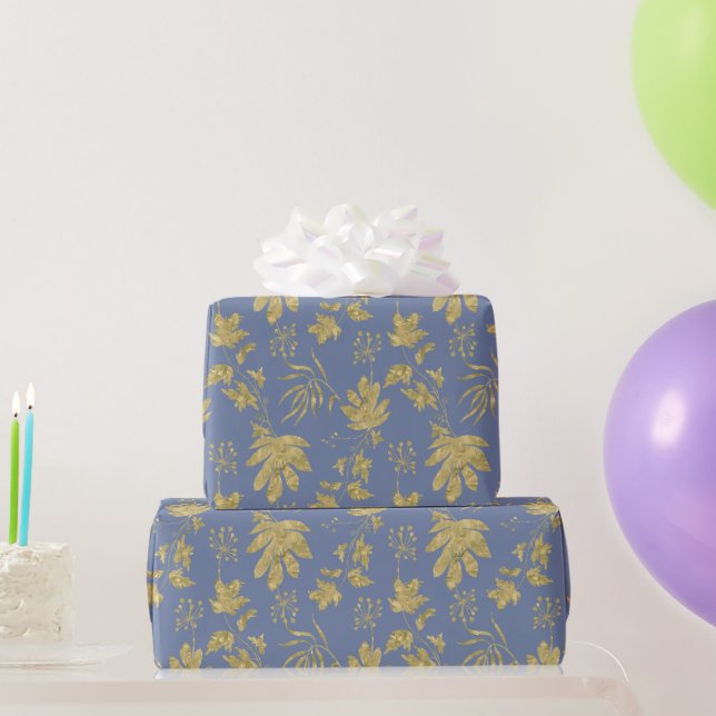 Dusty Blau und Gold farbige Pflanze und Blätter Geschenkpapier (Partygeschenke)