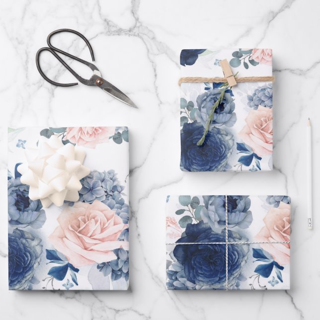 Dusty Blau und Rosa Blume Elegant Botanisch Geschenkpapier Set (Vorderseite)