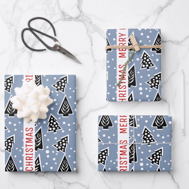 Dusty blau und schwarz Frohe Weihnachtsbäume Urlau Geschenkpapier Set (Vorderseite)