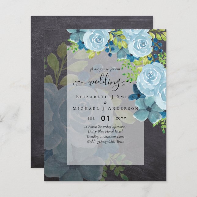 DUSTY BLAUE BLUWERS WEDD INVITES - HAUSHALT (Vorne/Hinten)