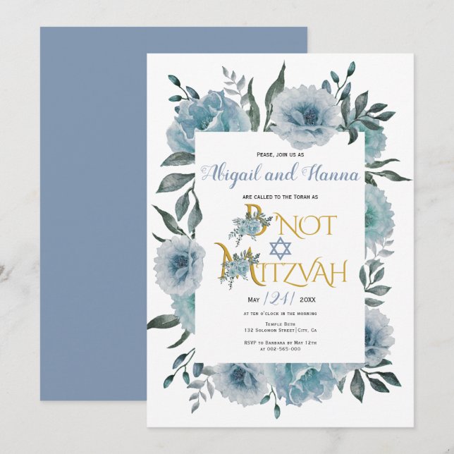 Dusty blauen Aquarellfarben Blume floral B'not Mit Einladung (Vorne/Hinten)