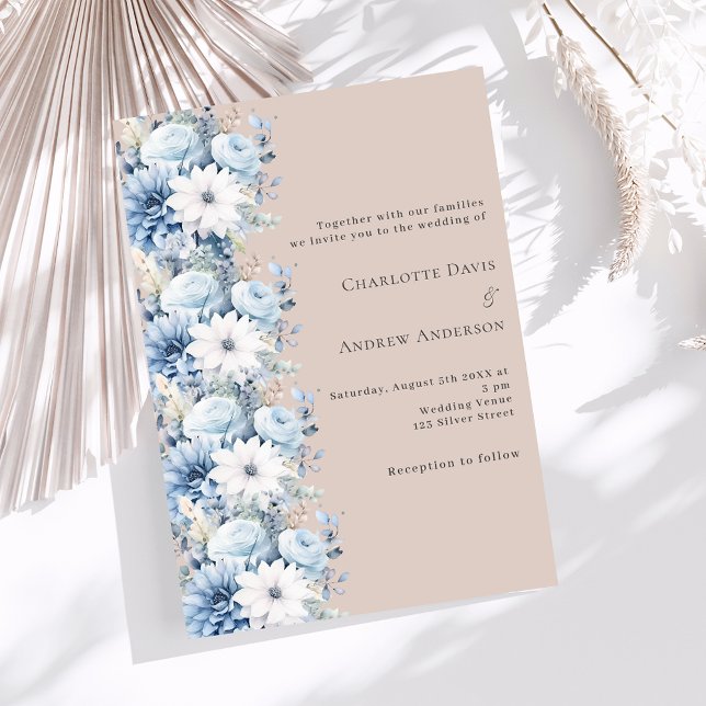 Dusty blauen beige Blumen Luxus Hochzeit Einladung (Von Creator hochgeladen)
