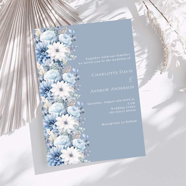 Dusty blauen Blumen elegante Hochzeit Einladung (Von Creator hochgeladen)