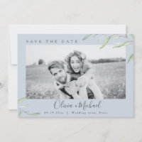 Dusty blauen Foto Hochzeit speichern Sie das Datum