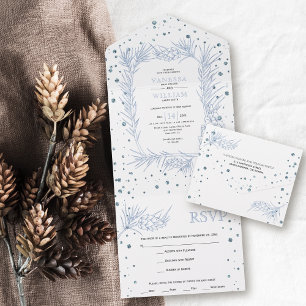 Dusty blauen Glitzer Kiefer, Konfetti Winterhochze All In One Einladung