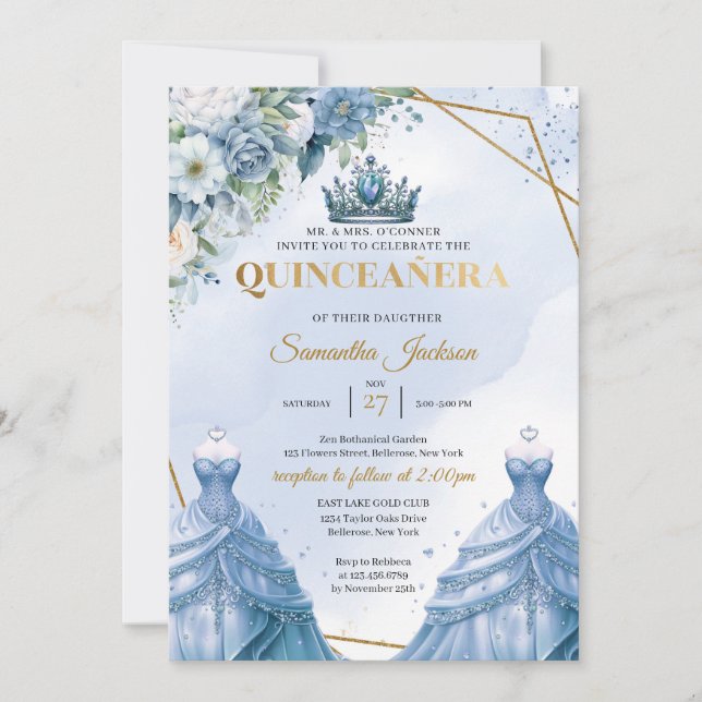 Dusty blauen Twins Prinzessin Dress Quinceañera Einladung (Vorderseite)