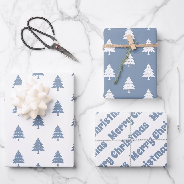 Dusty blauen und weißen Bäume Frohe Weihnachtsfeie Geschenkpapier Set (Vorderseite)