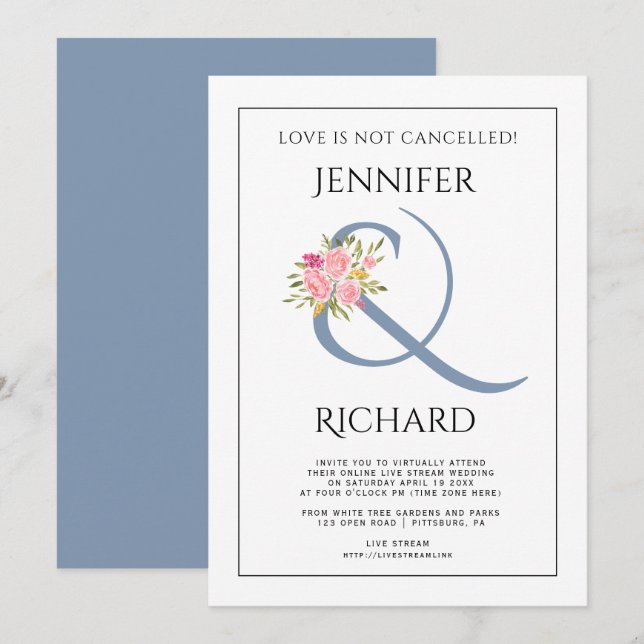 Dusty blauer Ampersand, rosa rosa virtuelle Hochze Einladung (Vorne/Hinten)