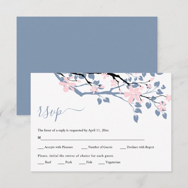 Dusty blauer Zweig mit rot-rosa Blume Hochzeit RSVP Karte (Vorne/Hinten)