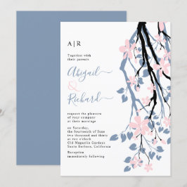 Dusty blauer Zweig, rot Blume Initialen Hochzeit Einladung