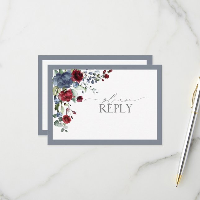 Dusty bleu Bourgogne rouge aquarelle florale RSVP (Devant/Arrière en situation)