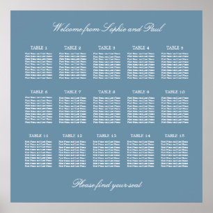 Dusty Blue 15 Table Wedding Seating Chart Poster