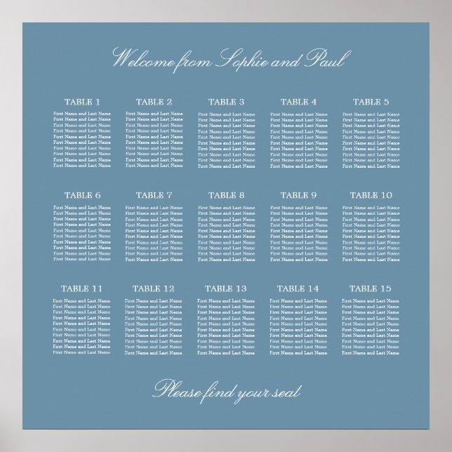 Dusty Blue 15 Table Wedding Seating Chart Poster (Vorne)