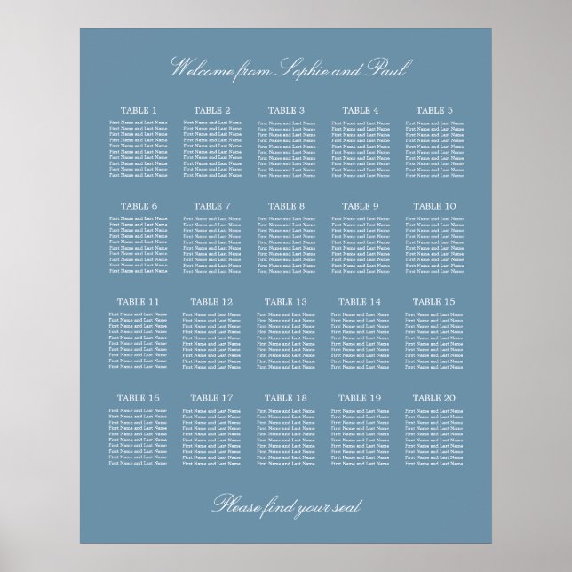 Dusty Blue 20 Table Wedding Seating Chart Poster (Vorne)