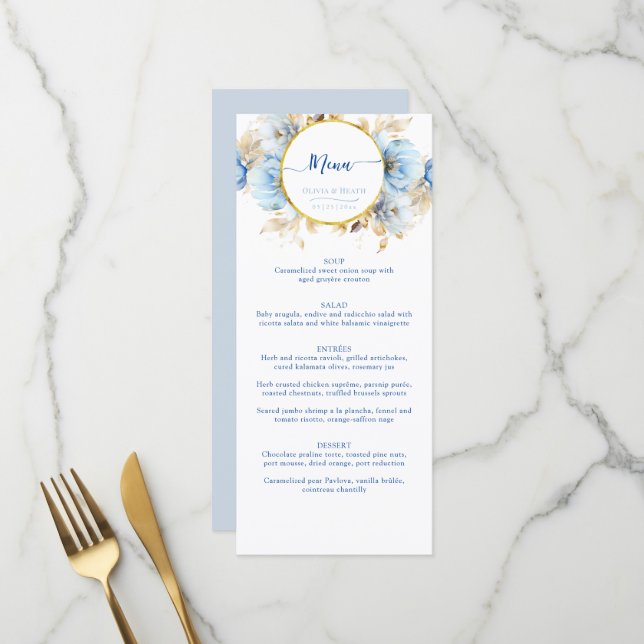 Dusty Blue 2 Floral Gold Wedding Menükarte (Vorderseite/Rückseite Beispiel)