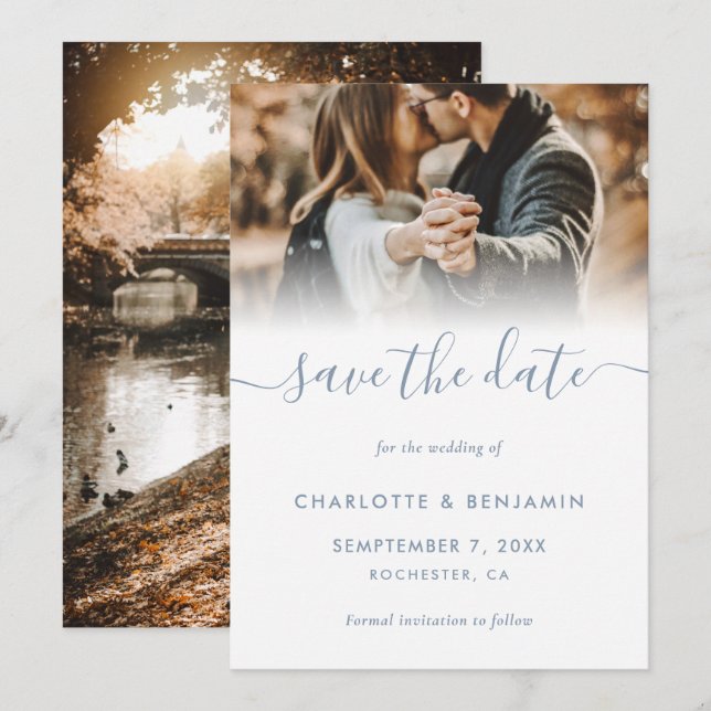 Dusty Blue 2 Foto Wedding Save the Date Card Ankündigung (Vorne/Hinten)