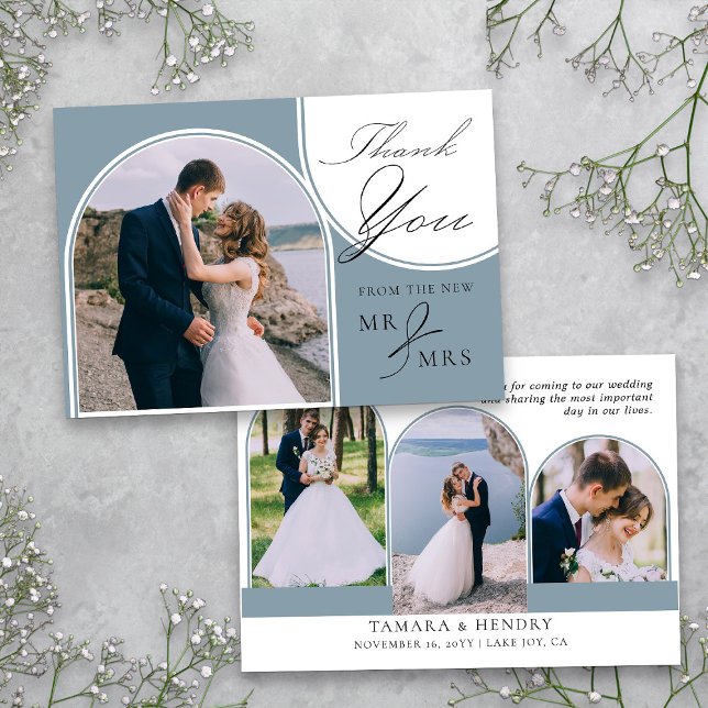 Dusty Blue 4 Arched Foto Wedding Calligraphy Dankeskarte (Wedding Photo Thank You card from my Wedding Colors Collection)