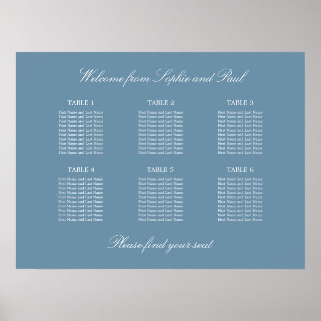 Dusty Blue 6 Table Wedding Chart Poster (Vorne)