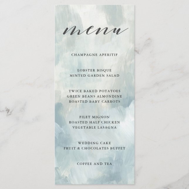 Dusty Blue Abstrakt Brushstrokes Wedding Menu Menükarte (Vorderseite)