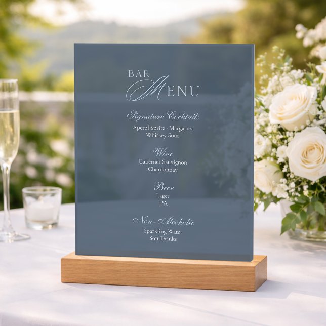 Dusty Blue Acrylic Wedding Bar Menu Sign (Créateur téléchargé)