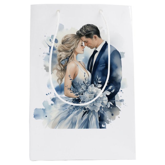 Dusty Blue Alcohol Ink Floral Wedding Mittlere Geschenktüte (Vorderseite)