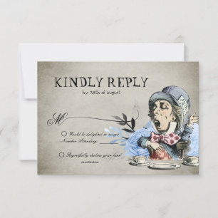 Dusty Blue Alice im Wunderland Mad Hatter Wedding RSVP Karte
