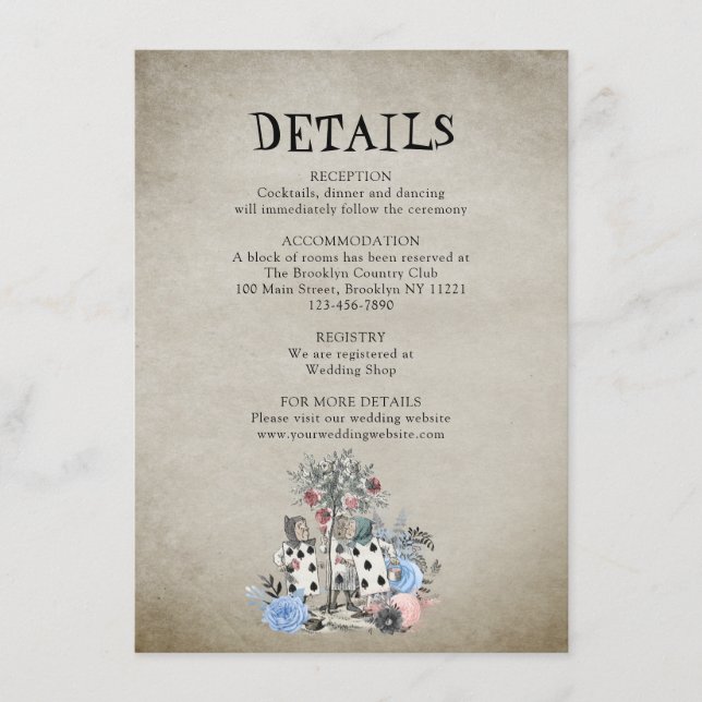 Dusty Blue Alice im Wunderland Wedding Details Begleitkarte (Vorderseite)