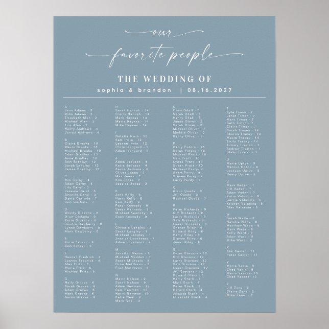 Dusty Blue Alphabetical Wedding Seating Chart Poster (Vorne)