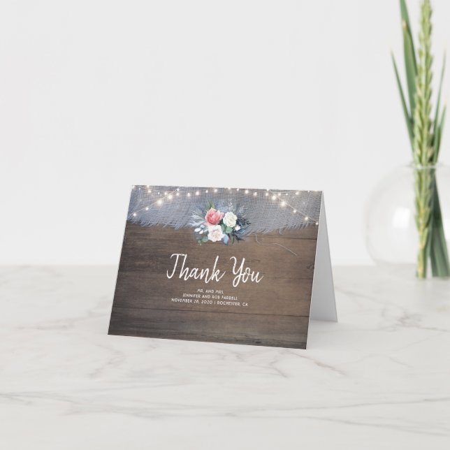 Dusty Blue and Blush Rustic Wedding Vielen Dank Dankeskarte (Vorderseite)