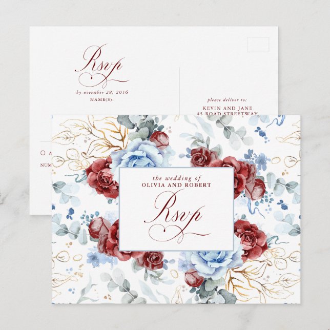 Dusty Blue and Burgundy Red Wedding RSVP Postcard Postkarte (Vorne/Hinten)